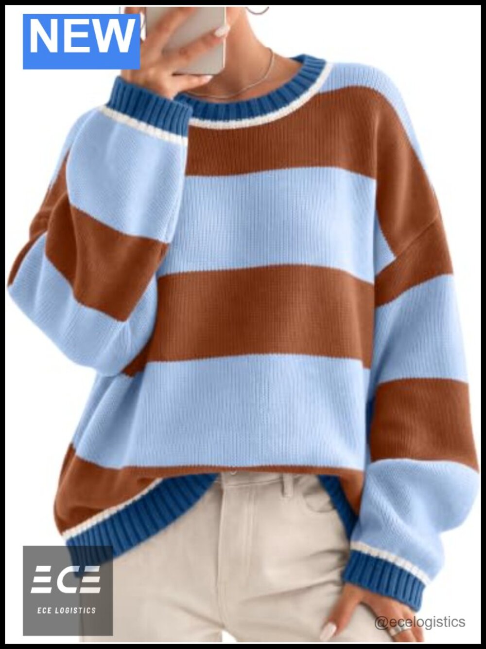 Oversized Striped Crewneck Pullover Sweater Cotton Knit Fall